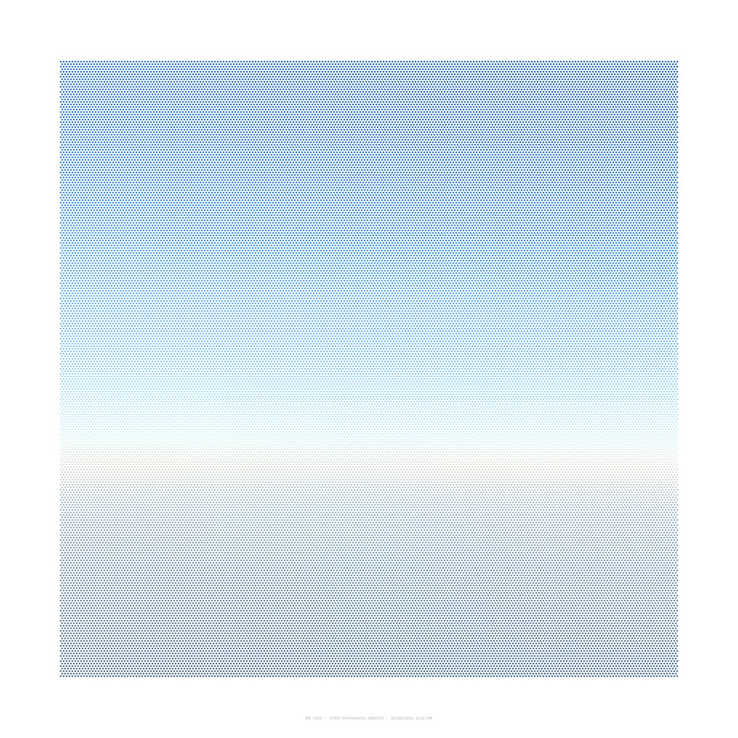 A gradient composition featuring a dense pattern of small blue dots that transitions from deep blue at the top to pale blue-white in the center, then back to blue at the bottom, creating a soft, atmospheric effect across the entire square format.