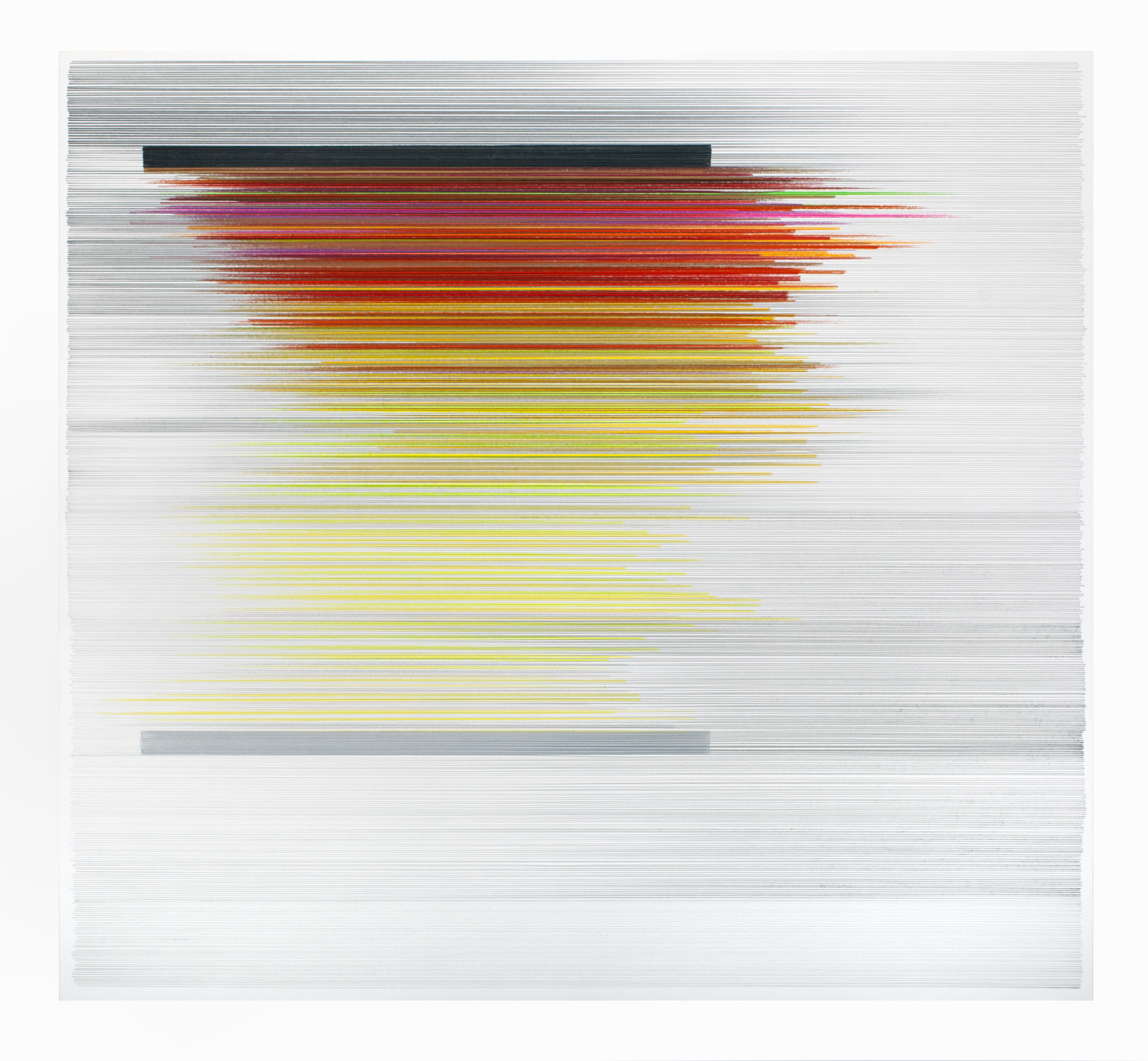 Horizontal layers of colored pencil strokes in shades of black, red, orange, yellow, and green radiate outward across a white mat board surface, creating a dynamic gradient effect that suggests movement or dispersal. The composition features two solid gray rectangular bars—one at top and one at bottom—framing the central burst of warm and cool tones.