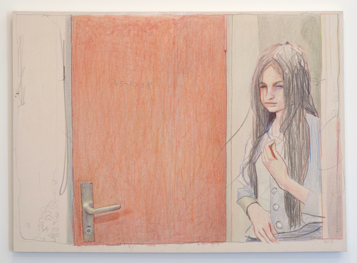 A figure with long dark hair peers through a doorway, rendered in colored pencil and crayon. The composition is divided by a large coral-red door on the left, with the woman occupying the right side against a neutral background, her gaze directed outward.
