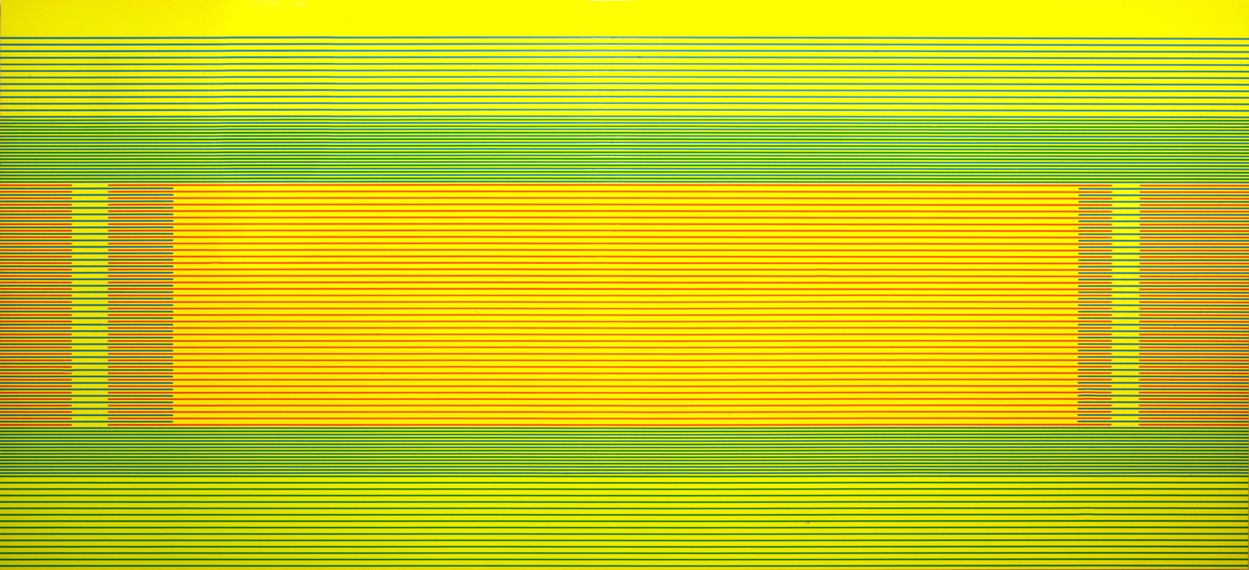 Horizontal composition with thin parallel lines in yellow-green and bright yellow creating a striped pattern throughout. A central rectangular band of pure yellow dominates the middle section, flanked by narrower vertical strips on either side, while the top and bottom portions transition through progressively darker green tones.