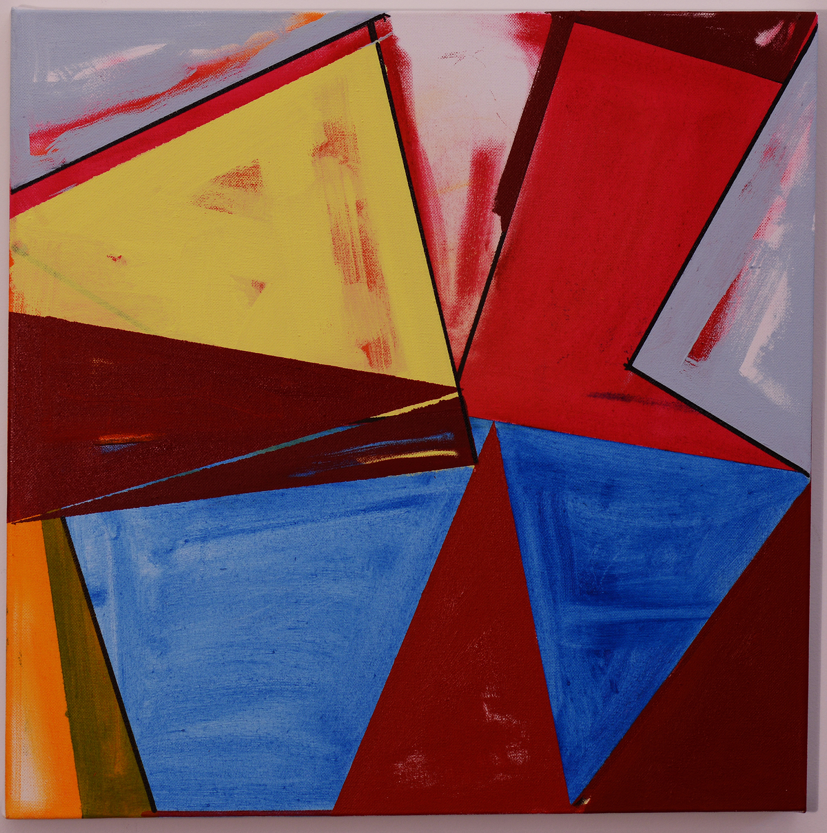 Abstract geometric composition featuring overlapping angular shapes in bold primary colors—red, blue, and yellow—with dark maroon and burgundy sections, set against a lavender background with gestural brushwork and visible paint texture throughout.