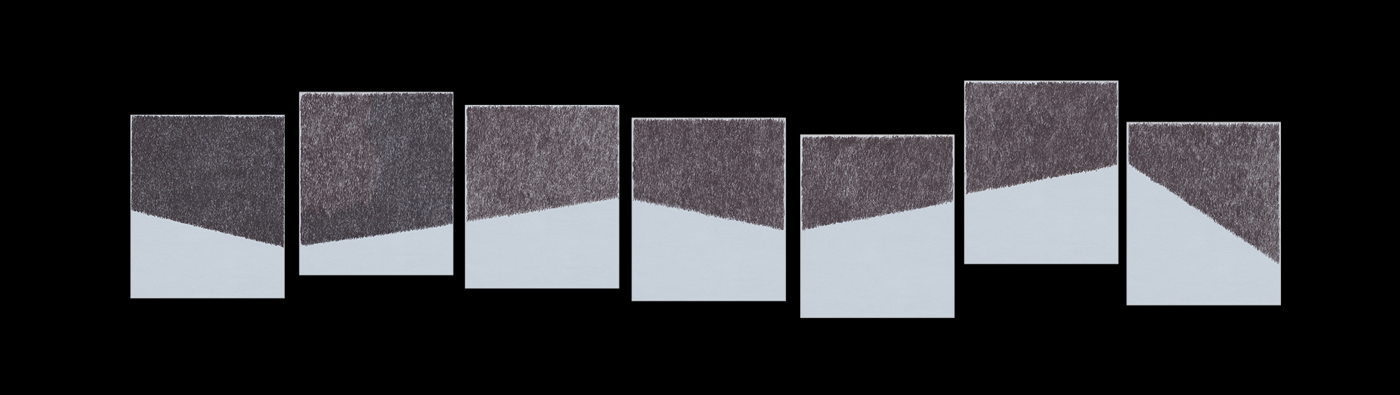 Seven rectangular panels arranged horizontally, each divided diagonally by a dark textured upper section and light gray lower section. The diagonal dividing lines vary in angle and position across the series, creating a rhythmic visual pattern of shifting geometric planes in black, gray, and white.