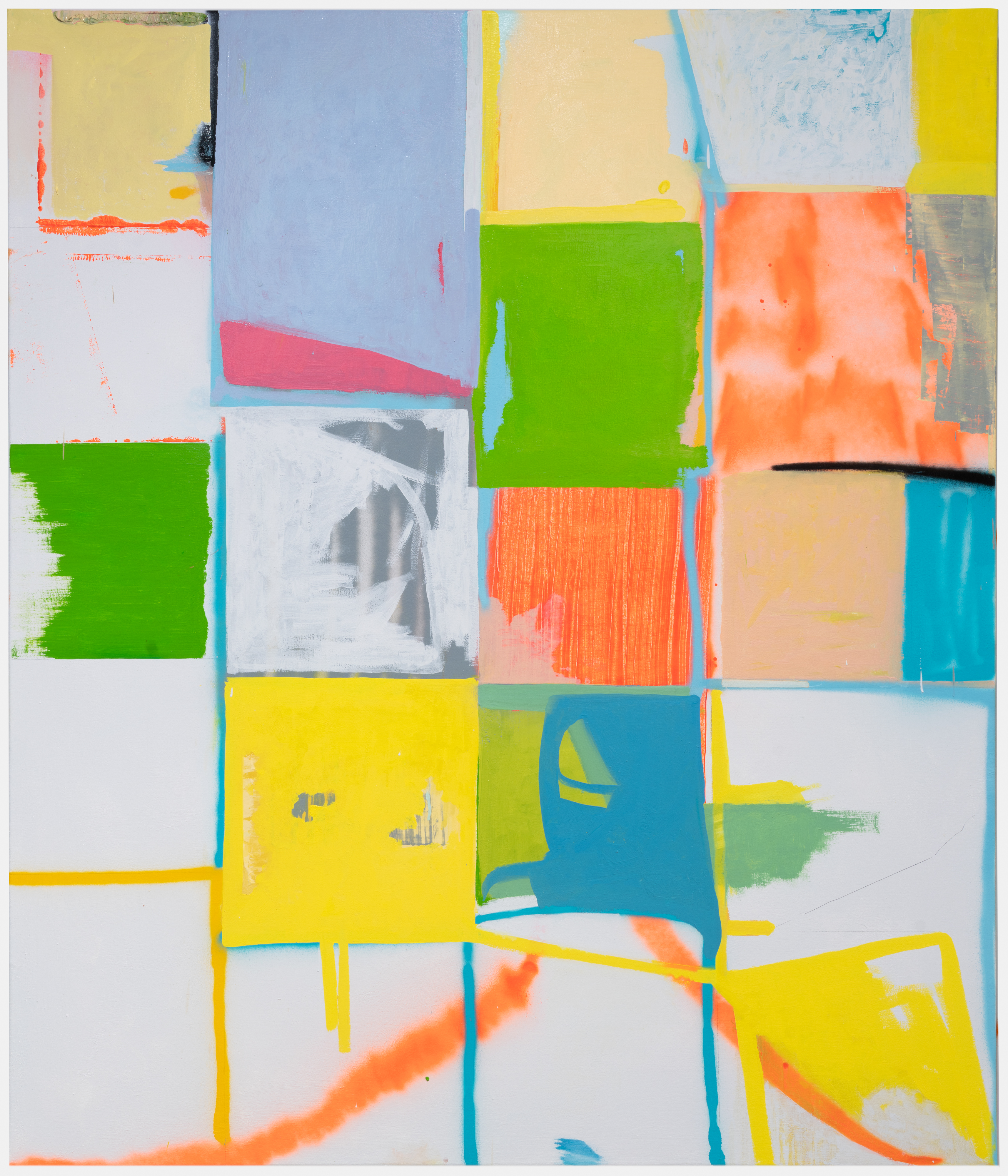 Abstract composition featuring a gridded arrangement of rectangular sections in vibrant colors including yellow, green, orange, blue, and pink, with gestural marks, horizontal lines, and layered paint creating a dynamic, fragmented visual rhythm across the canvas.