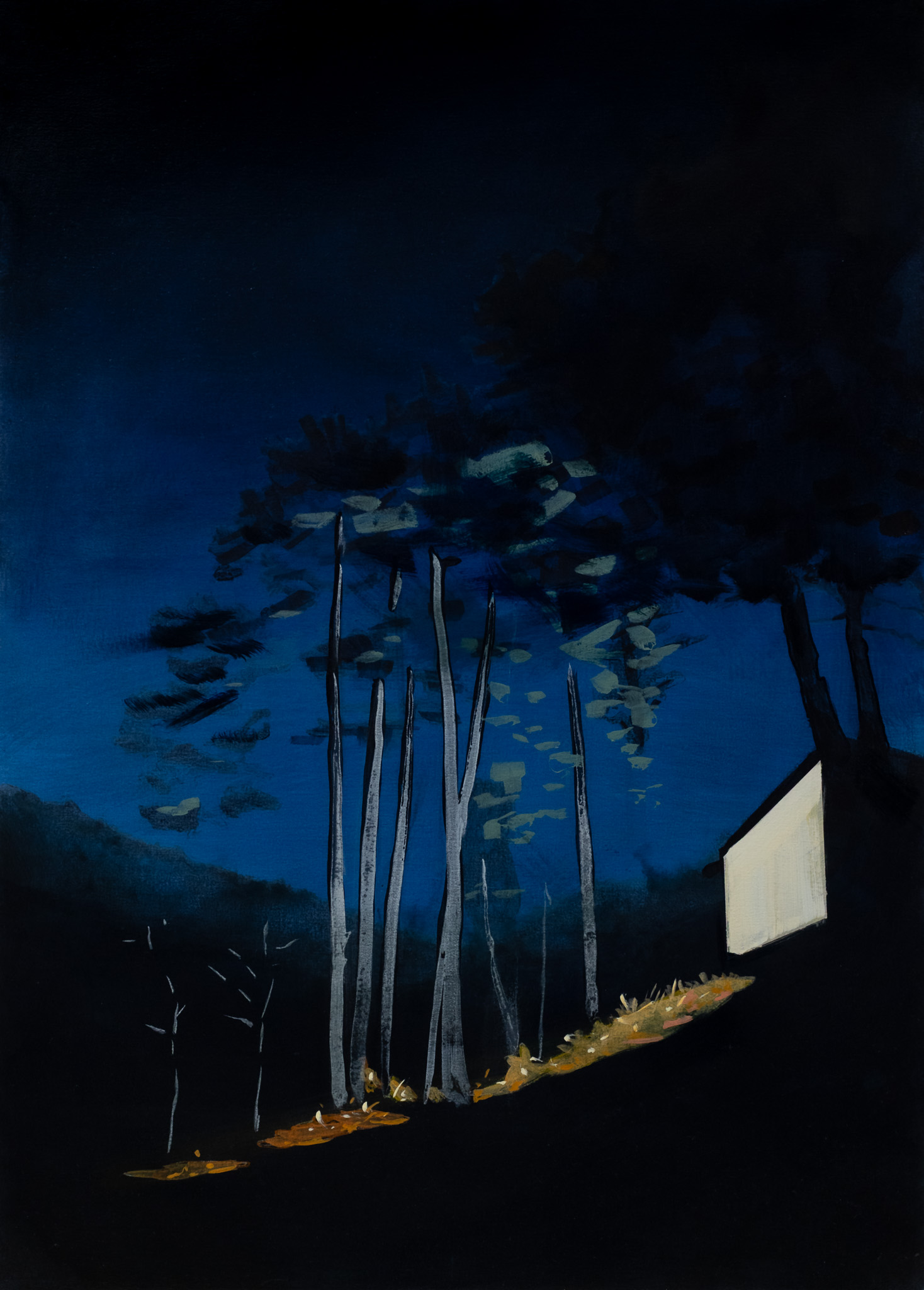 Deep blue underwater scene with tall, weathered wooden pilings rising from an orange-brown seafloor, a white rectangular structure on the right, and schools of fish swimming in the darker waters above. Dark silhouettes of rocks or terrain frame the composition at the edges.