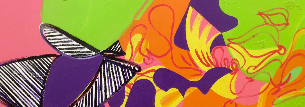 Abstract artwork featuring bold, layered shapes in vibrant colors including purple, orange, yellow, and lime green. A stylized winged form with striped black and white detailing dominates the left side, while organic, flowing tentacle-like shapes in red and orange extend across the composition against the bright background.