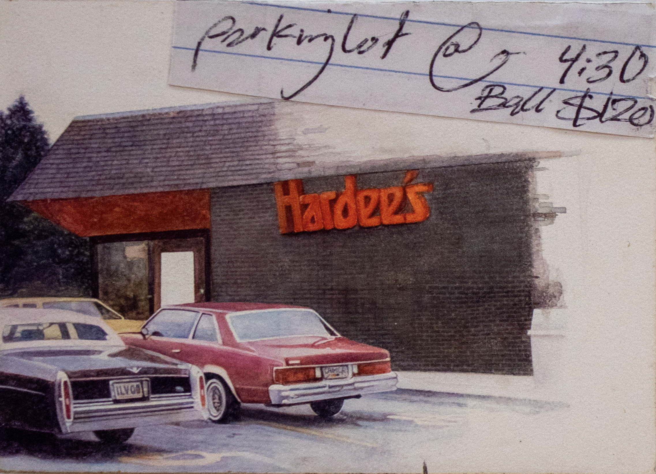 Watercolor painting of a brick building with orange "Hardee's" signage and a dark roof, parked cars in the foreground including a red sedan and a lighter-colored vehicle with a license plate, set against a pale sky. Handwritten notes appear at the top of the image with times and financial amounts.