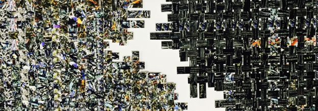 Diptych composed of densely layered, shredded paper fragments in contrasting sections—the left side featuring multicolored debris in whites, yellows, and blues against a light ground, while the right side presents darker, predominantly black and charcoal tones—creating an intricate, textured surface that emphasizes fragmentation and material accumulation.