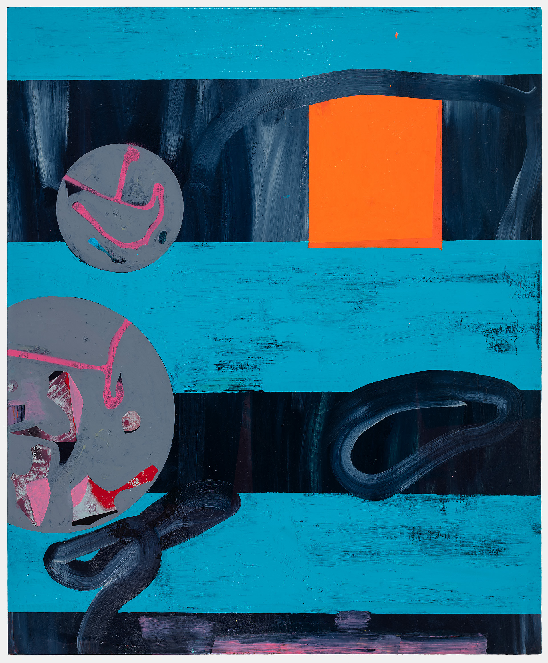 Abstract composition with horizontal bands of turquoise, dark navy, and black, featuring two gray circular forms with pink gestural marks on the left, an orange rectangle on the upper right, and dark curved linear forms suggesting movement across the middle and lower sections. Mixed media on canvas with visible brushwork and textural layering.