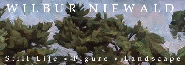 Oil painting of a gnarled tree with dense green foliage rendered in loose, expressive brushwork, set against a hazy blue-gray sky. The composition emphasizes the tree's distinctive twisted trunk and organic form through subtle tonal variations and contemplative, naturalistic treatment.