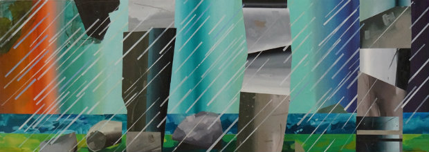 Abstract composition of overlapping vertical panels in vibrant colors—orange, green, teal, and blue—with diagonal striped patterns and translucent layering that creates depth and movement across the surface.