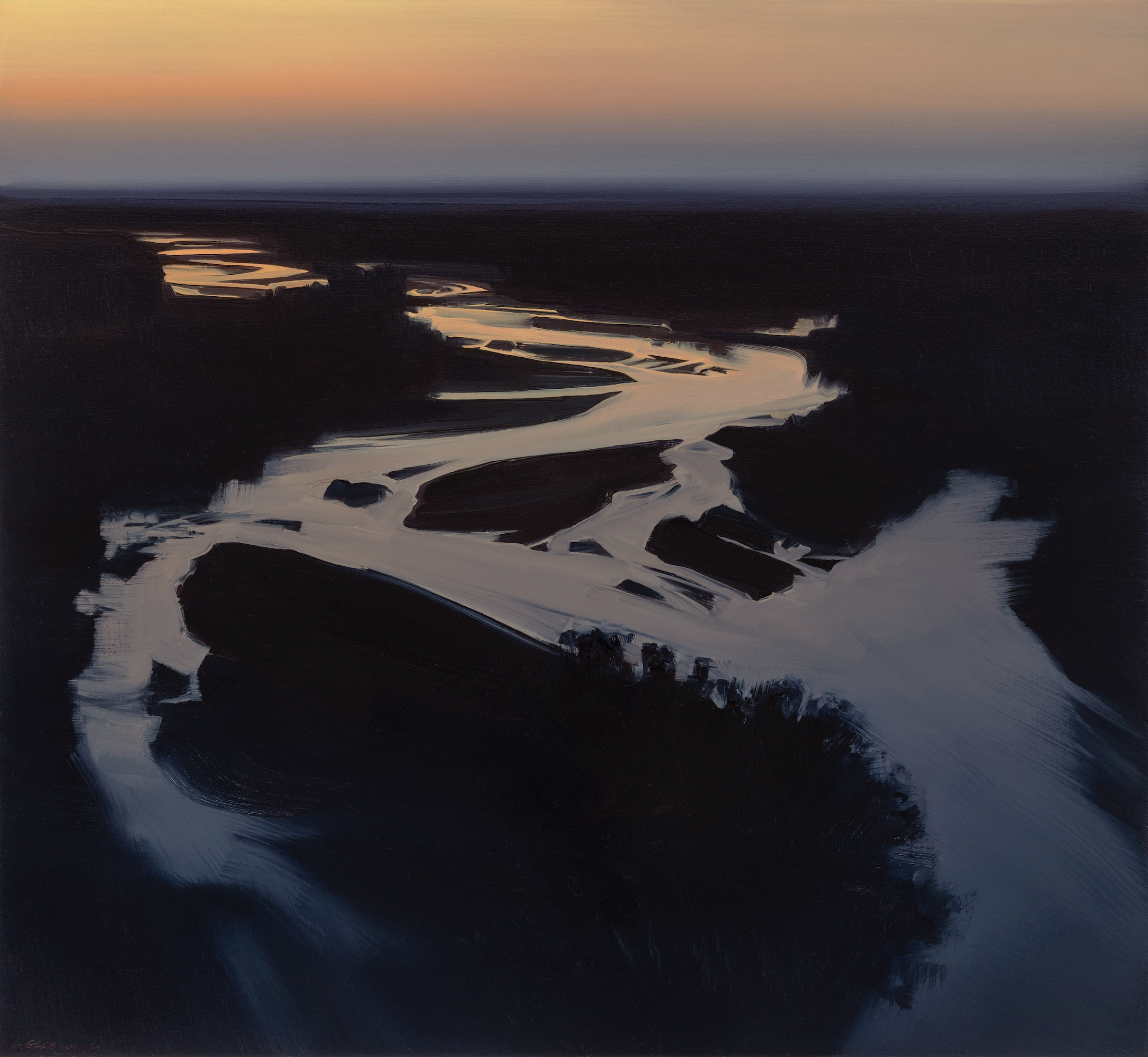 Aerial oil painting depicting a winding river at dusk, with sinuous channels of reflective water rendered in luminous whites and pale golds contrasting dramatically against deep, multitextured blacks representing forested land and sandbars, viewed from above.