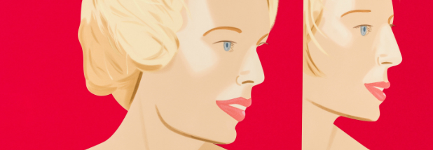 Profile portraits of a blonde woman rendered in warm skin tones against a vivid saturated red background, shown in multiple poses with simplified, elegant lines characteristic of contemporary figurative painting.