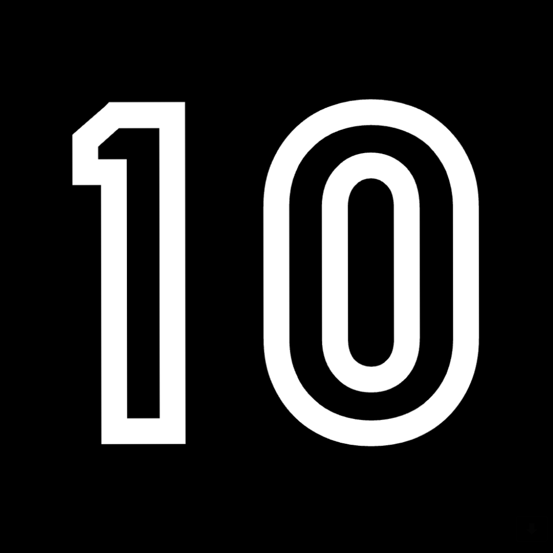Large white numerals "1" and "0" outlined in bold strokes against a black background, rendered in a geometric sans-serif typeface.