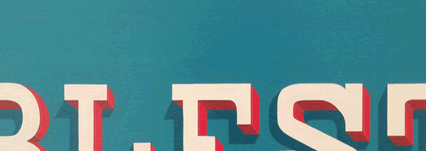 Bold geometric letters in cream and red painted on foamcore, partially cropped at the edges against a teal background. The overlapping letterforms create visual ambiguity, with red portions layered beneath cream-colored shapes to suggest multiple readings of the partially visible text.