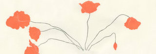 A minimalist line drawing featuring delicate stems with coral-red cut flowers arranged in a sparse, elegant composition against a cream background. The organic forms suggest a fleeting floral arrangement rendered in a refined, understated style.