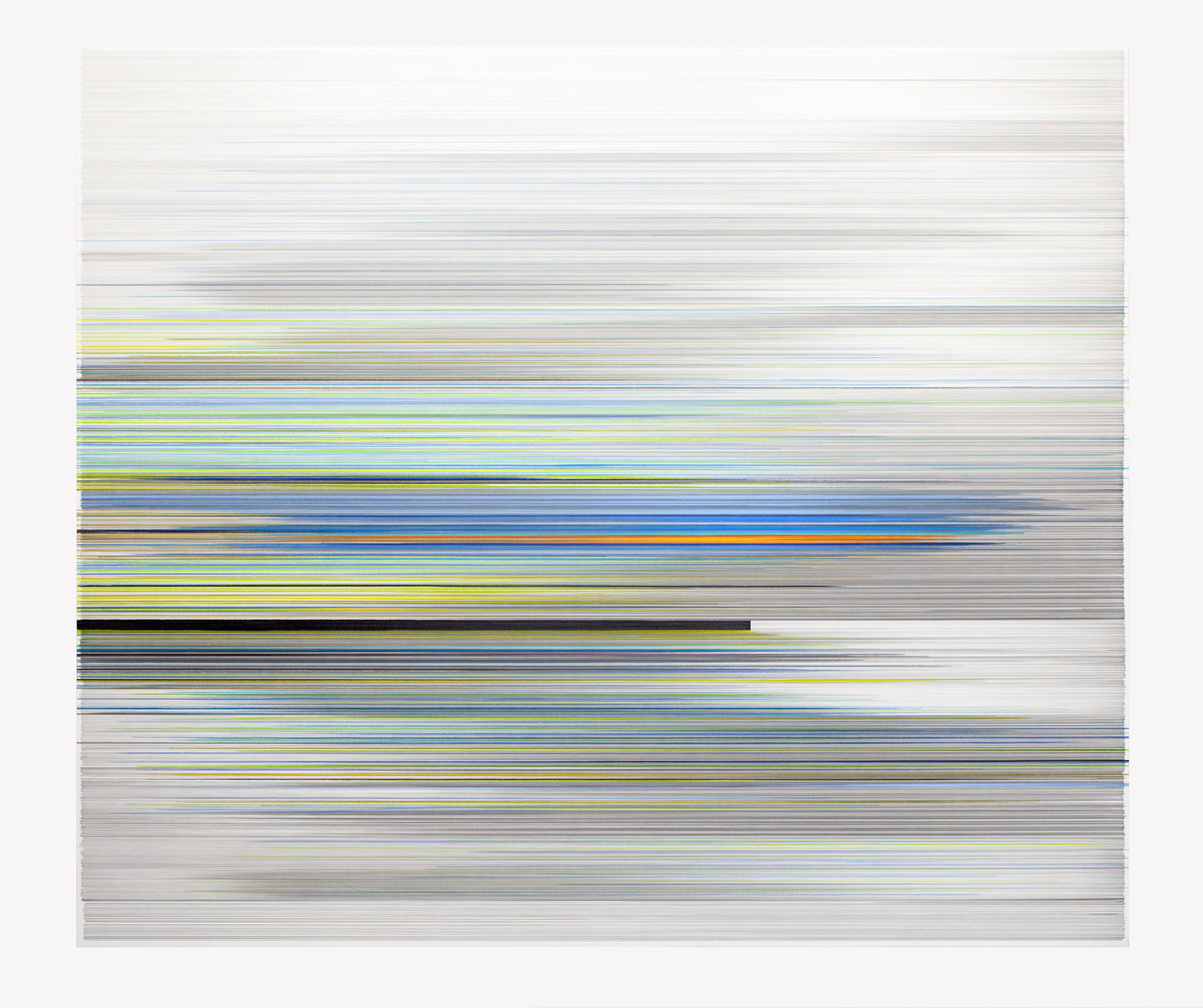 Horizontal composition of thousands of fine colored lines—blues, greens, yellows, and grays—layered across the surface, with a bold black horizontal bar interrupting the middle section. The delicate, hand-drawn quality creates a sense of movement and fluctuation, evoking waves or atmospheric conditions rendered through accumulated gestural marks.