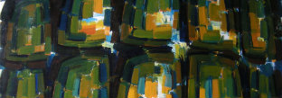 Abstract oil painting composed of gestural brushstrokes in yellow, green, and dark tones arranged in a grid-like composition. Broad, rhythmic marks and layered color create dynamic movement across the canvas surface.