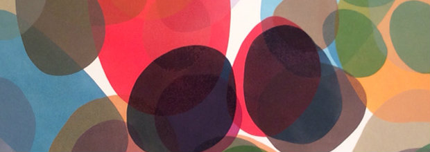 Overlapping translucent circles in deep red, burgundy, blue, green, and orange create a layered composition against a light background, suggesting cosmic density and celestial movement through color interaction and spatial depth.