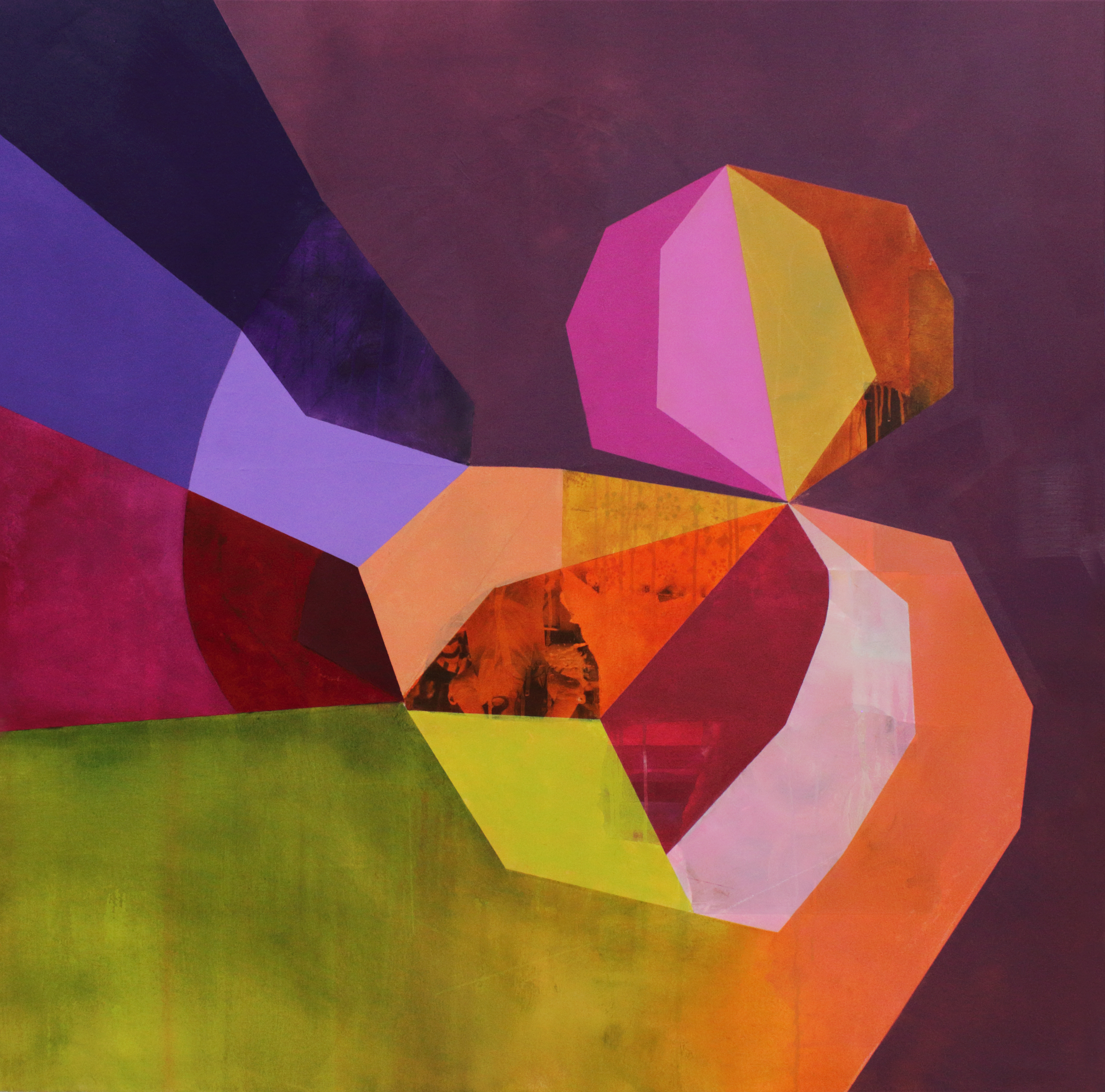 Vibrant abstract composition featuring overlapping geometric shapes in hot pink, magenta, yellow, orange, and lime green against a deep burgundy background. Layered collage, acrylic, and oil create dimensional facets and translucent passages that suggest movement and depth across the canvas.