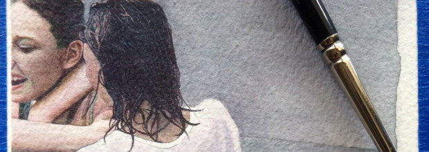 A detailed portrait drawing of a young person with long dark hair, shown in profile with their hand raised near their face in a contemplative gesture. The work is rendered in graphite on paper with soft modeling and careful attention to the figure's delicate features and the texture of the hair, against a neutral gray background. A paintbrush with a dark handle rests alongside the artwork.