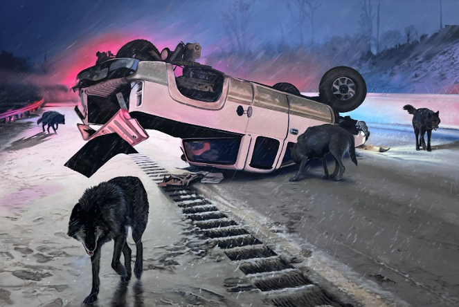 A white SUV lies overturned on a snowy beach at dusk, surrounded by dark wolves or dogs. The sky glows with vivid pink and blue hues above a forested shoreline, creating a surreal and ominous atmosphere with layered, painterly treatment.