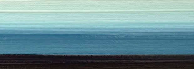 Horizontal abstract landscape depicting a vast horizon with three distinct bands of color—pale turquoise sky at top, deeper blue-toned middle section, and dark charcoal-black foreground—creating a minimalist study of atmospheric perspective and twilight phenomena.