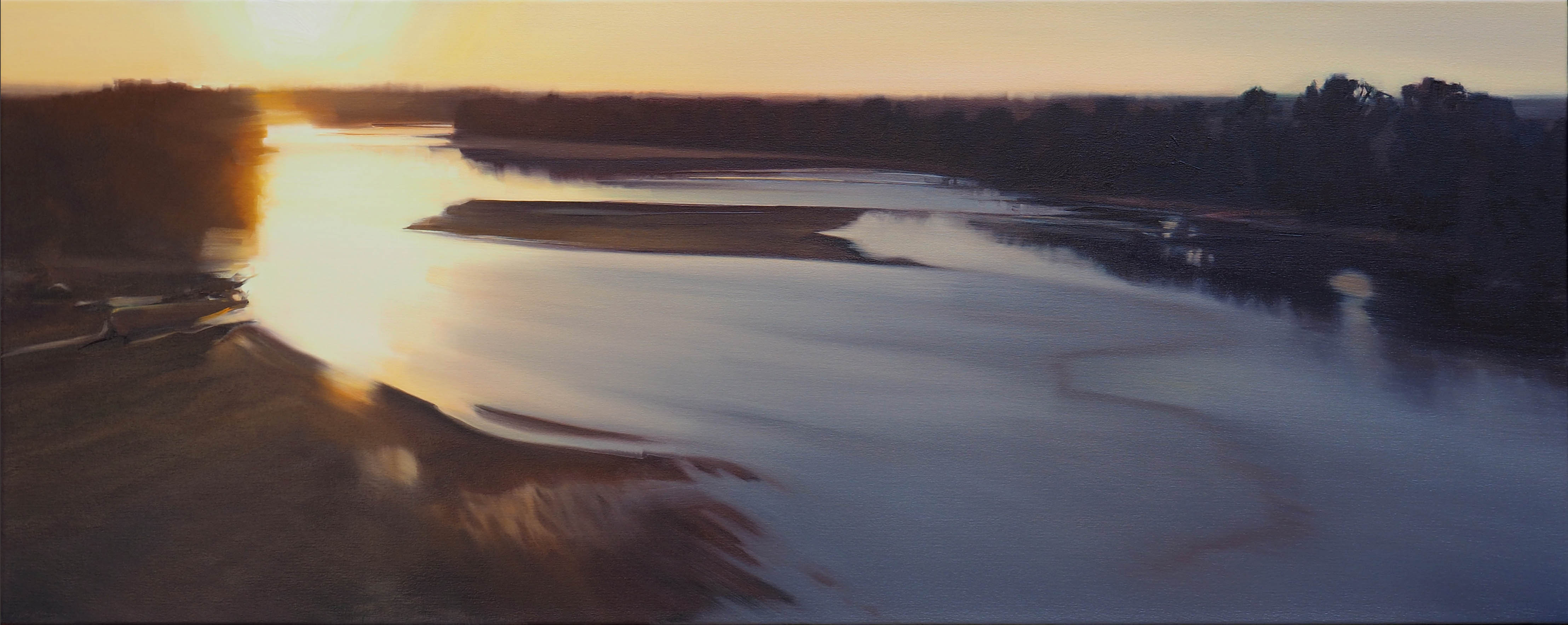 Aerial view of a winding river at dawn, with golden sunlight reflecting off the water's surface. Forested banks frame the composition on either side, while a sandy island bisects the flowing current, creating geometric patterns across the landscape in warm amber and cool blue tones.