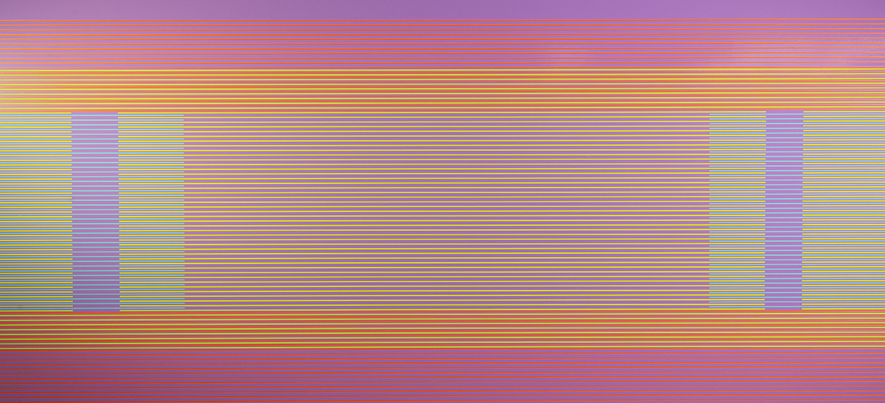 Horizontal composition of densely packed colored lines in shifting gradients of purple, yellow, orange, cyan, and red, with two rectangular blocks of solid lavender interrupting the pattern on either side of center, creating a digital scan-like or glitched visual effect.