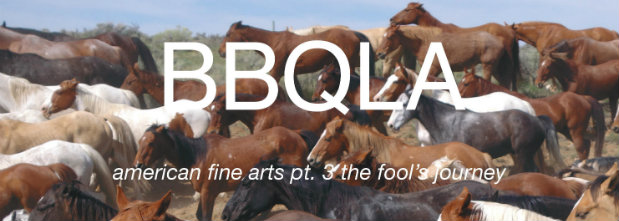 Large herd of brown and white cattle gathered in a dusty stockyard with bare ground and sparse vegetation, overlaid with white sans-serif text reading "BBQLA" and "american fine arts pt. 3 the fool's journey."