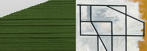 Split composition contrasting an aerial view of geometric agricultural rows in vivid green with an abstract architectural drawing rendered in black lines and neutral tones, exploring the relationship between human intervention, natural landscape, and conceptual space.