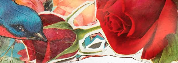 A vibrant oil painting featuring large-scale red roses with deep crimson petals, surrounded by decorative white circular halos and blue bird motifs, composed against lush green foliage in a richly colored, layered composition designed as an elaborate backdrop.