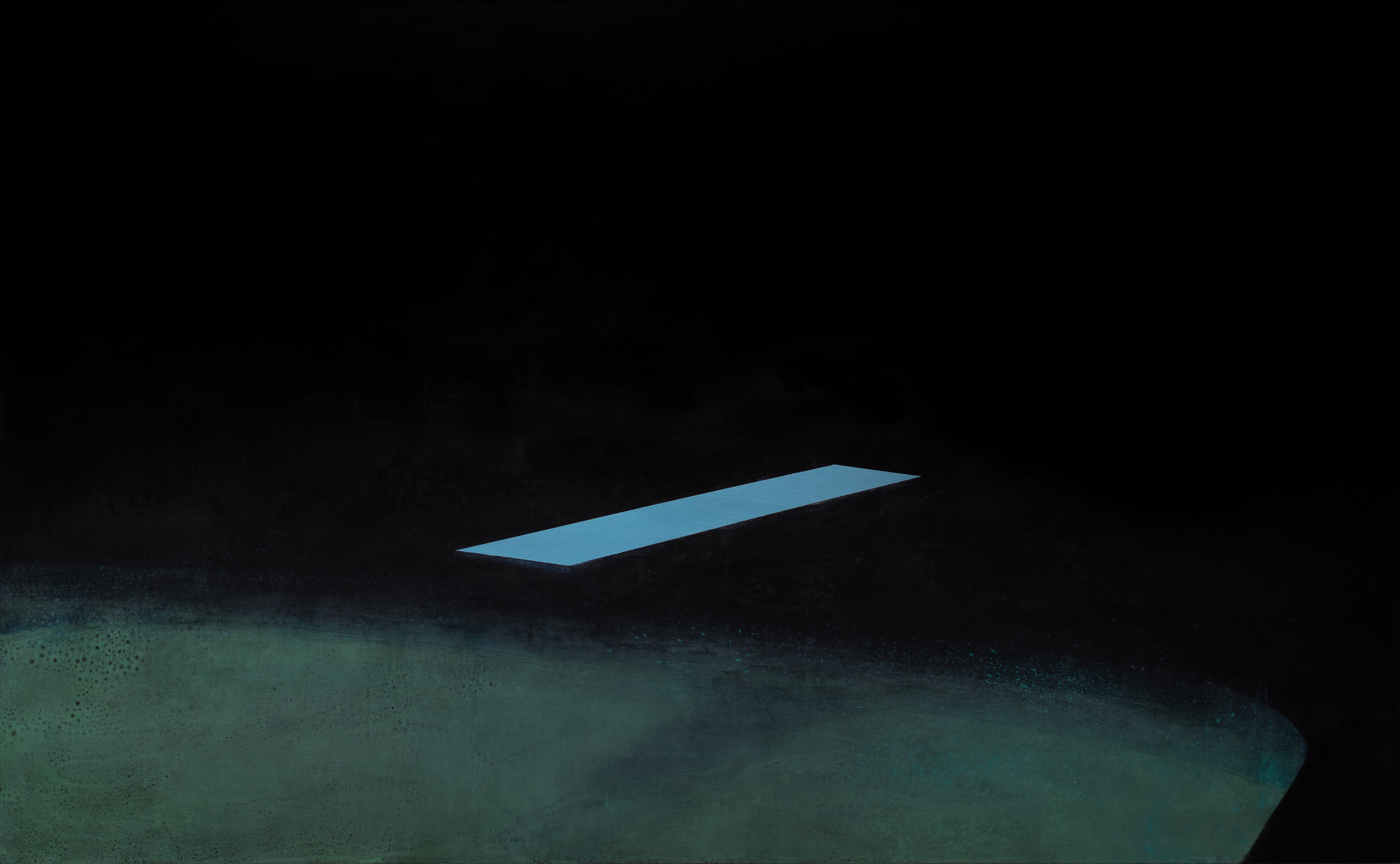 A luminous blue-green rectangular form hovers above a textured, dark ground against a black background, rendered in a minimalist composition that emphasizes isolation and subtle atmospheric depth.
