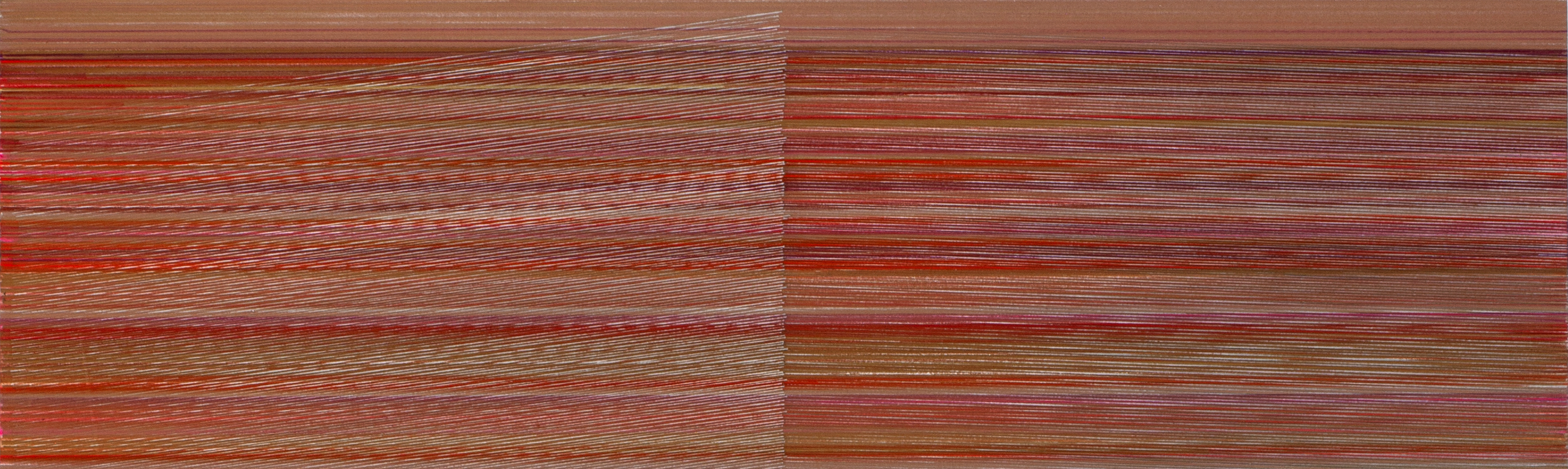 Horizontal abstract composition featuring layered horizontal lines in shades of red, rust, brown, and cream, divided into two sections with varying intensities of color and texture created through graphite and colored pencil.