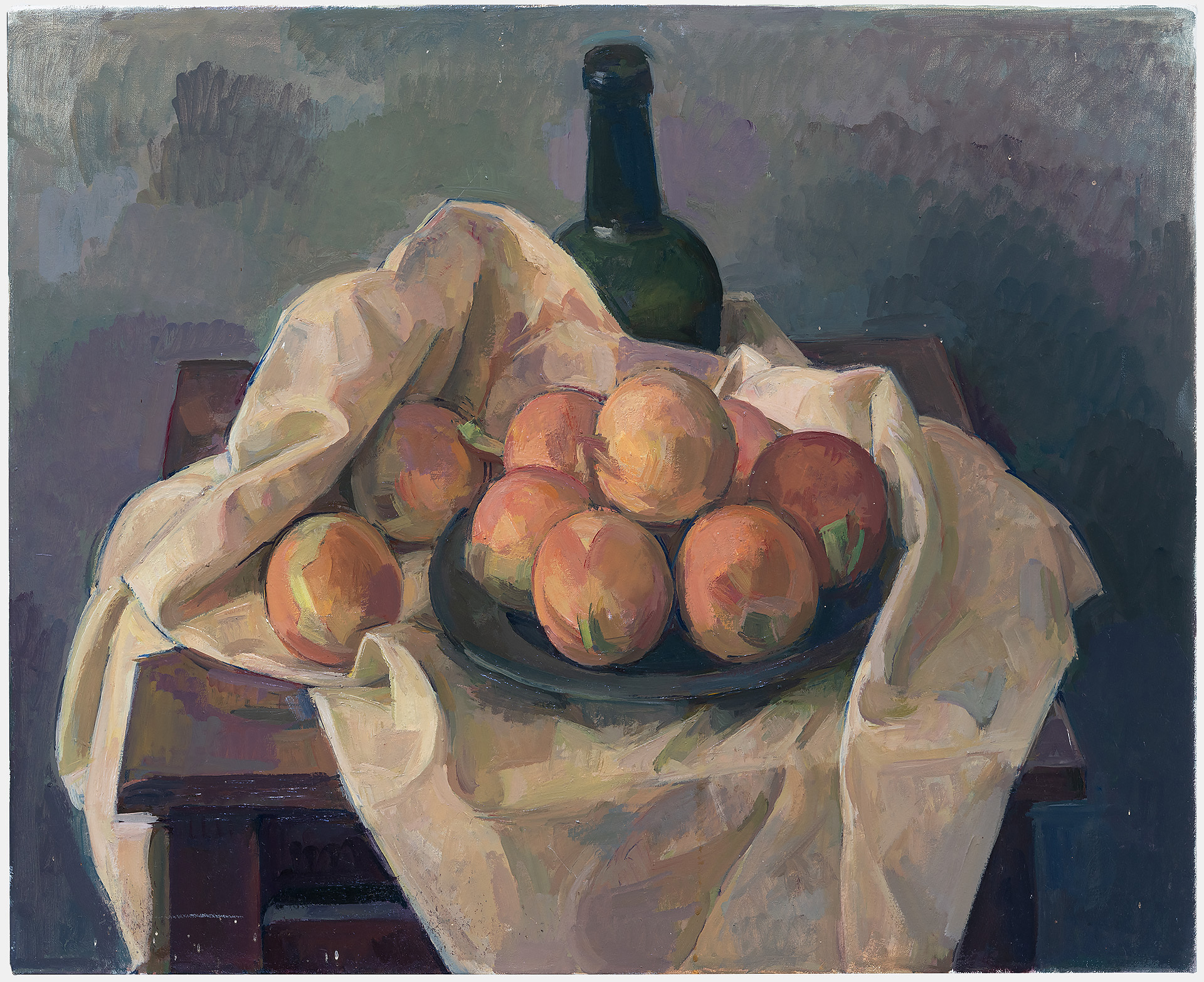 A still life composition featuring ripe peaches arranged in a dark bowl atop cream-colored draped fabric, with a dark glass bottle positioned behind. The painting employs muted earth tones and purplish shadows against a subdued background, rendered in loose, expressive brushwork.