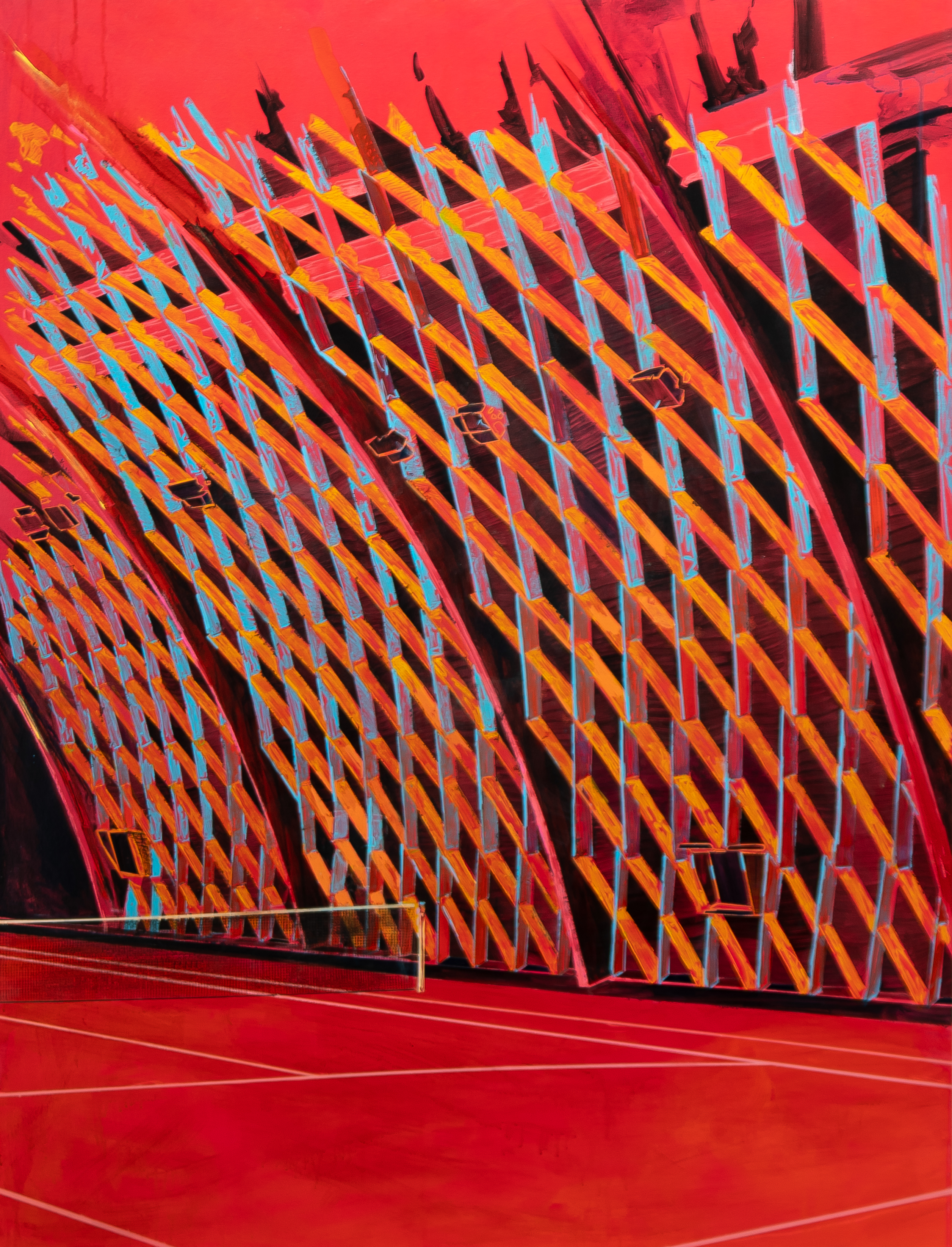 A large-scale abstract painting dominated by vibrant red tones, featuring a geometric lattice pattern of interlocking diagonal lines in bright orange and cyan blue. The composition creates a dynamic three-dimensional effect with sharp angular forms that appear to recede into space, set against the warm red ground with subtle linear elements suggesting depth and perspective.