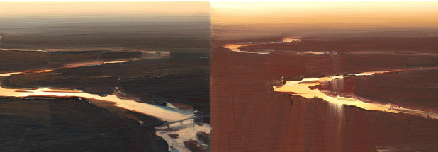 Diptych of aerial landscape paintings depicting a winding river with golden light reflecting off water and sandbars against darker floodplain terrain, rendered in warm ochre and bronze tones with horizontal striations suggesting movement across the composition.