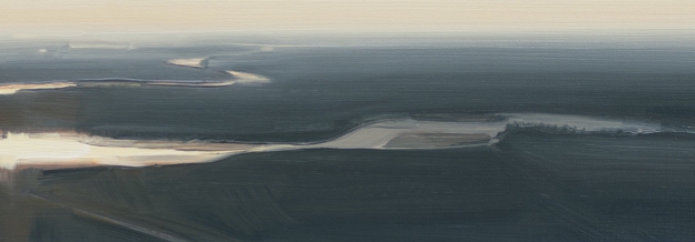 Aerial view of a winding river cutting through dark floodplains, its silvery waters reflecting light as they curve and meander across the landscape in sweeping arcs.
