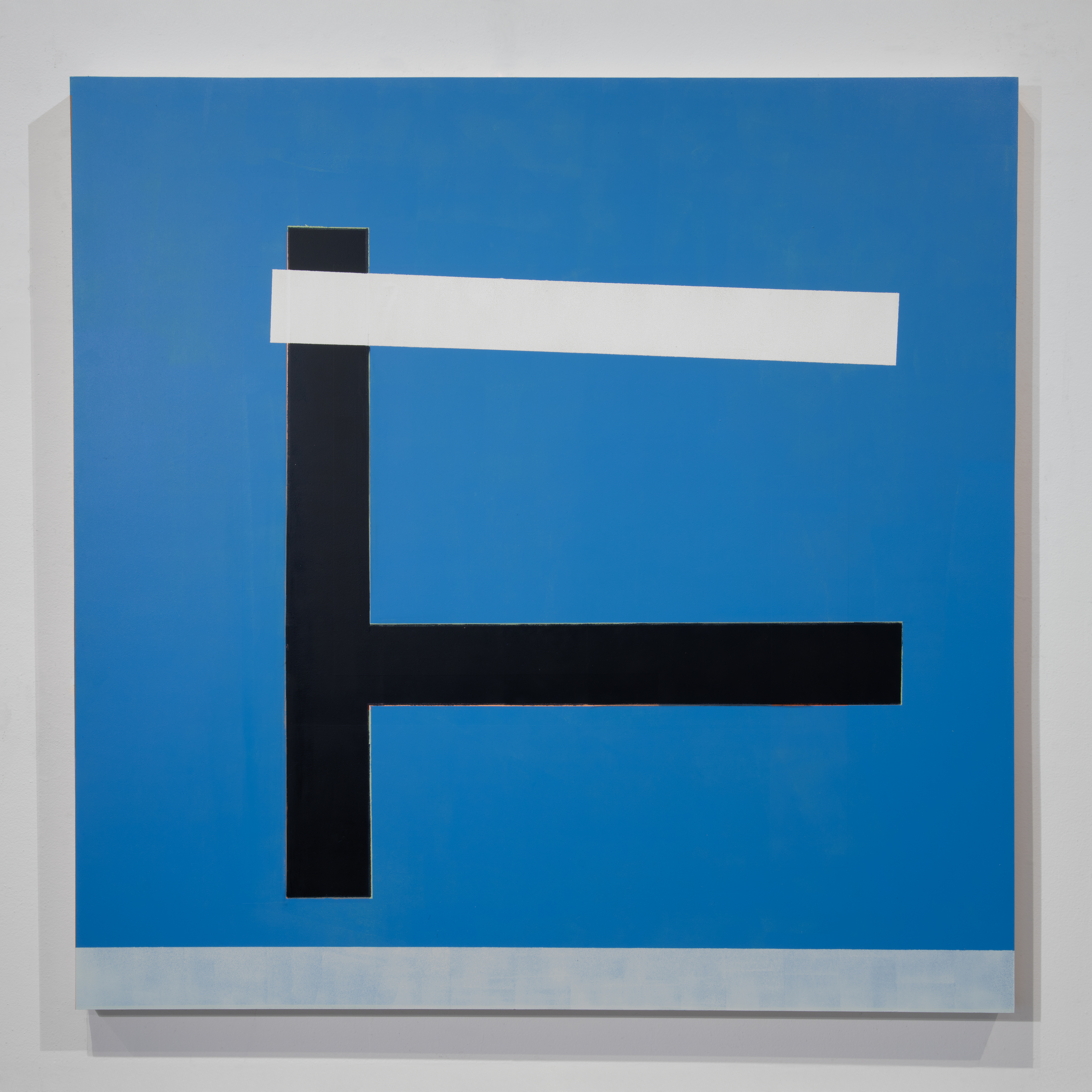 Abstract geometric composition featuring a vertical black rectangle intersected by a white horizontal band and a black horizontal bar against a vibrant blue background, with layered paint creating visible surface texture and depth.