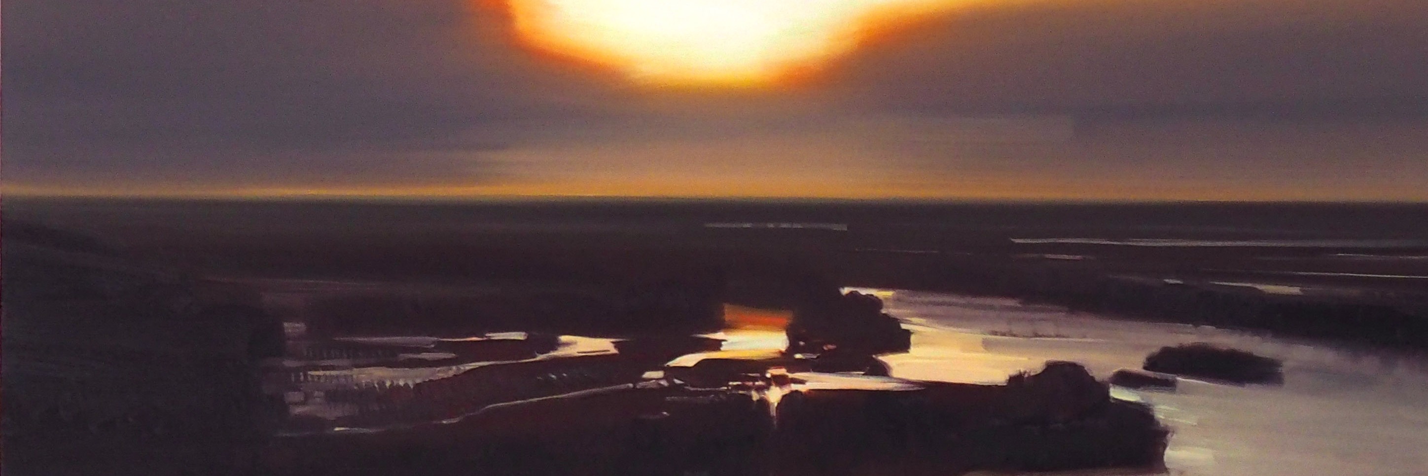 Aerial landscape at sunset showing a vast waterlogged terrain with dark forested areas and golden-lit waterways reflecting the orange sky, capturing the aftermath of severe flooding across a floodplain.