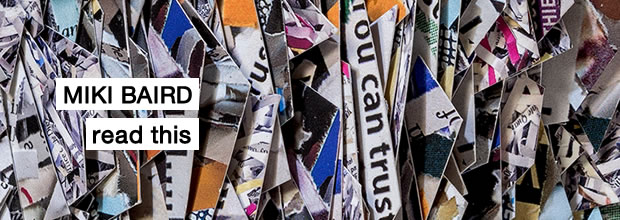 Layered strips of shredded printed materials and direct mail in white, blue, orange, and purple tones, densely assembled to create an abstract composition of overlapping text fragments and colorful paper pieces.