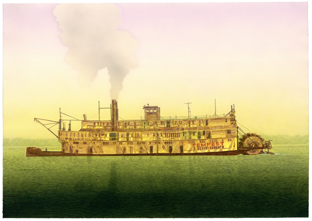 A weathered steamboat rendered in golden yellows and ochres moves through water depicted in gradients of green and teal, with billowing white steam rising against a soft, hazy sky. The vessel's detailed wooden structure and paddle wheel are captured in a painterly style that evokes both historical documentation and dreamlike atmosphere.