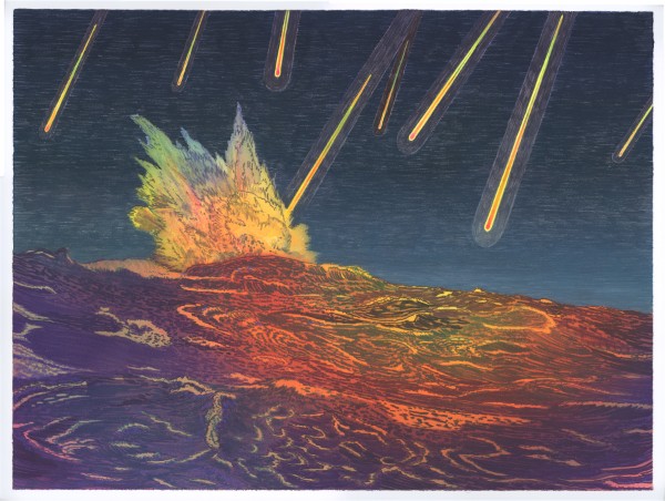 A volcanic landscape with molten lava flows in deep purples, oranges, and yellows erupts across the lower half of the composition, while streaking meteors or falling fire rain down from a dark sky above in golden and amber trails.