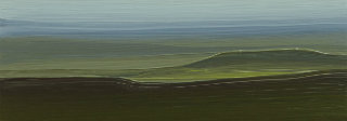 Horizontal landscape painting depicting layered prairie hills in shades of dark brown, olive green, and soft blue, with a misty horizon line. The composition shows receding ridges and valleys with subtle gradations of color suggesting depth and atmospheric perspective.