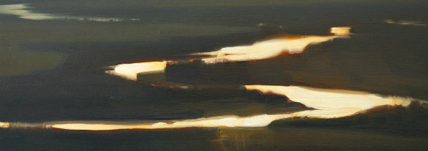 Aerial view of a meandering river captured at dusk, its luminous waters reflecting golden light against the dark surrounding landscape, painted in warm ochres and cool grays with broad, gestural brushstrokes suggesting the river's sweeping curves and constant flow.