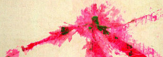 Vibrant abstract artwork featuring explosive splashes of hot pink and magenta paint radiating outward from dark green gestural marks against a cream-colored ground, suggesting dynamic energy and movement through gestural brushwork and color saturation.