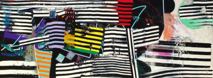 Abstract painting featuring layered horizontal stripes in black and white interspersed with vibrant bands of color including purple, yellow, orange, green, and cyan. The composition combines gestural brushwork and linear elements with collaged or woven textile-like passages, creating dynamic depth and movement across the canvas surface.