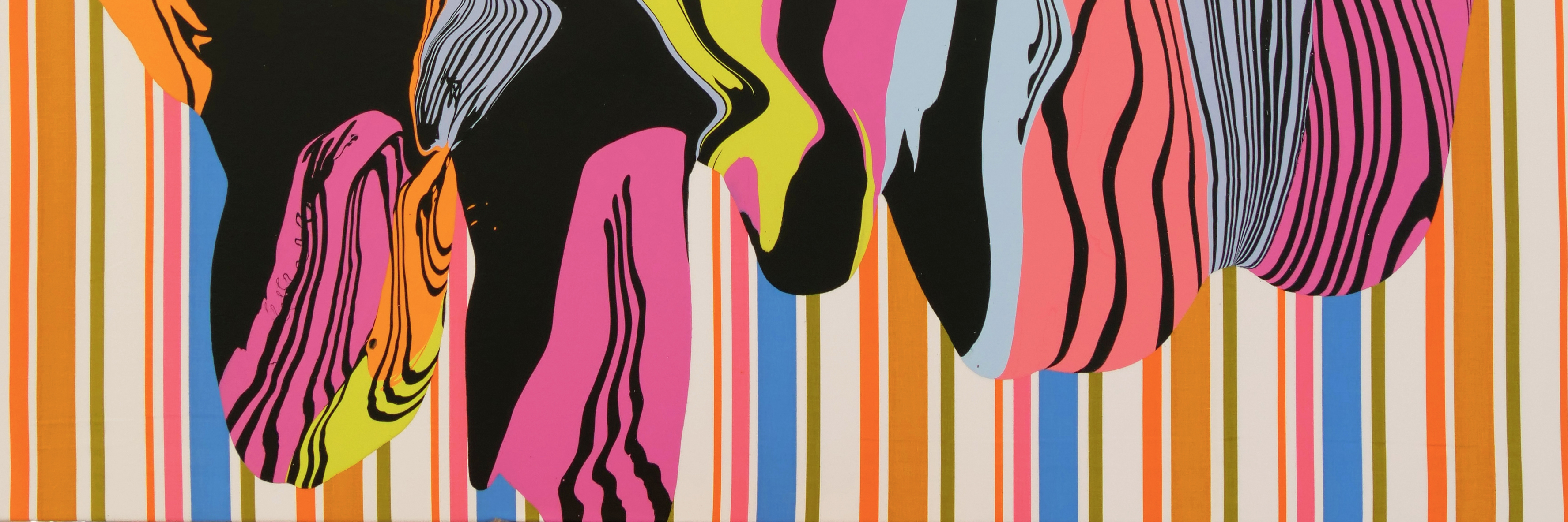 Vibrant abstract composition featuring silhouetted female profiles in black overlaid with flowing, wavy forms in hot pink, yellow, orange, and light blue. The background is divided by vertical stripes in complementary colors including orange, blue, pink, and cream, creating a rhythmic, psychedelic visual field with strong pop art sensibilities.