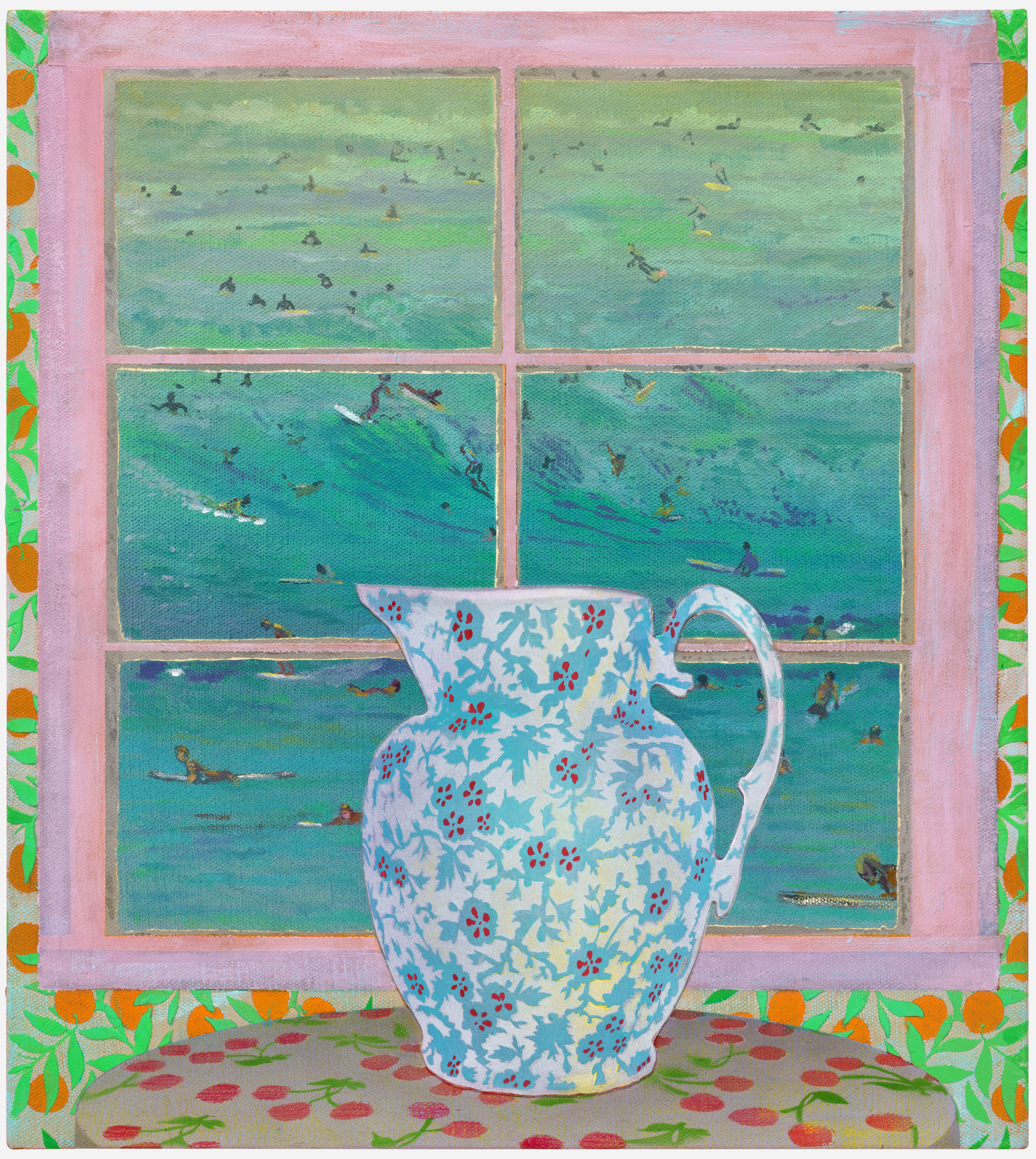 A decorative ceramic pitcher with blue and red floral patterns sits in the foreground against a pink-framed window divided into six panes. Through the window, layers of turquoise and green water are visible, filled with small figures of swimmers and surfers scattered across the composition. The bottom border features a green band decorated with stylized red fruits and orange circular forms, creating a whimsical frame around the oceanic scene.