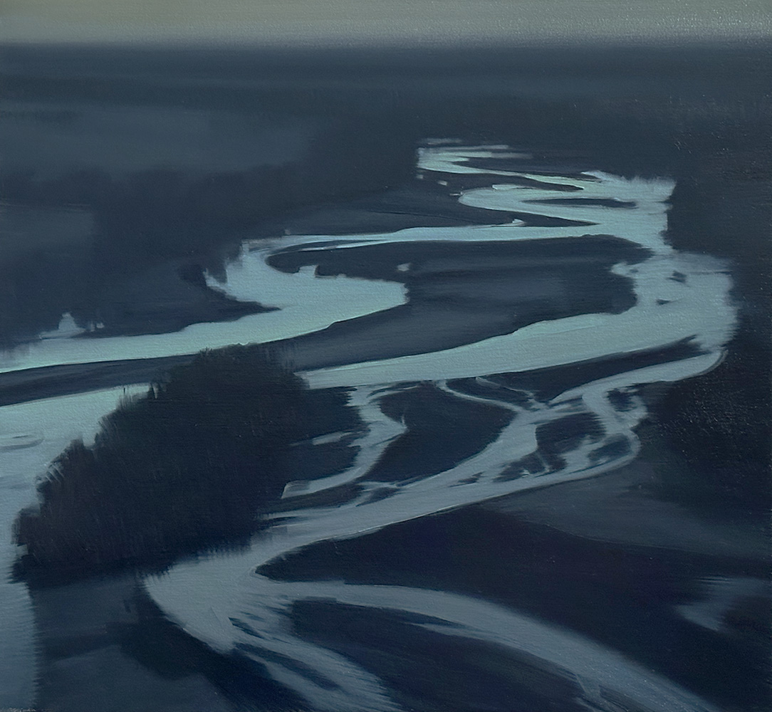 Aerial view of a winding river with pale blue-gray water cutting through dark forested terrain, rendered in muted tones with a dreamlike, atmospheric quality.