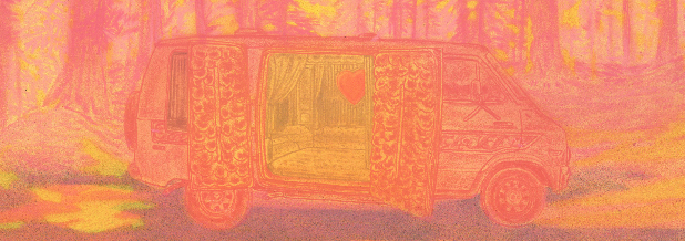 A van rendered in warm coral and golden tones against a hazy landscape, its interior glowing with yellow light, depicted in a textured, layered style that evokes memory and heat.
